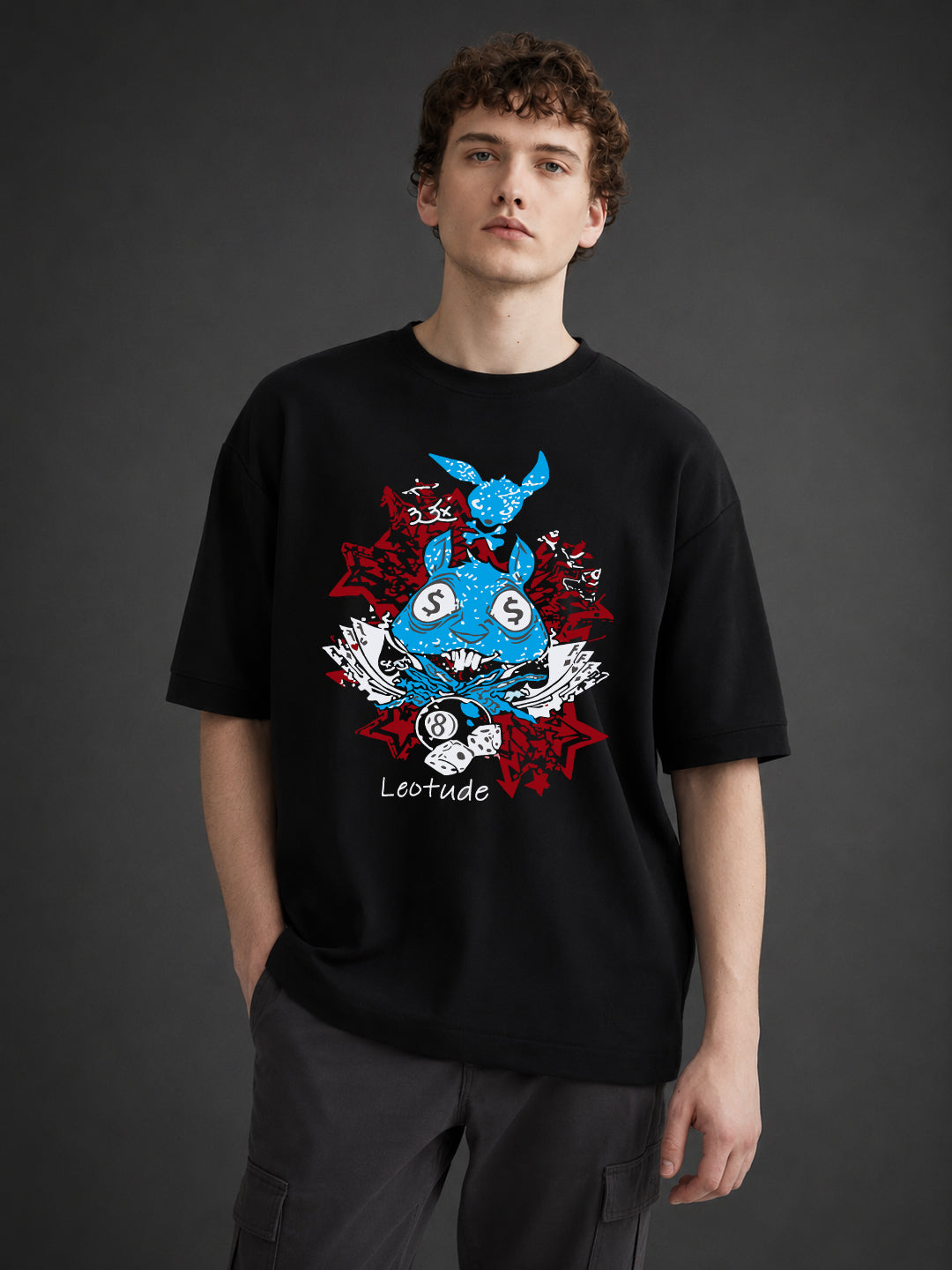 Leotude Men's "Lucky Rabbit" Printed Oversized T-Shirt — Black Streetwear Tee