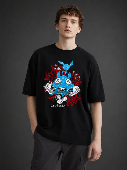 Leotude Men's "Lucky Rabbit" Printed Oversized T-Shirt — Black Streetwear Tee