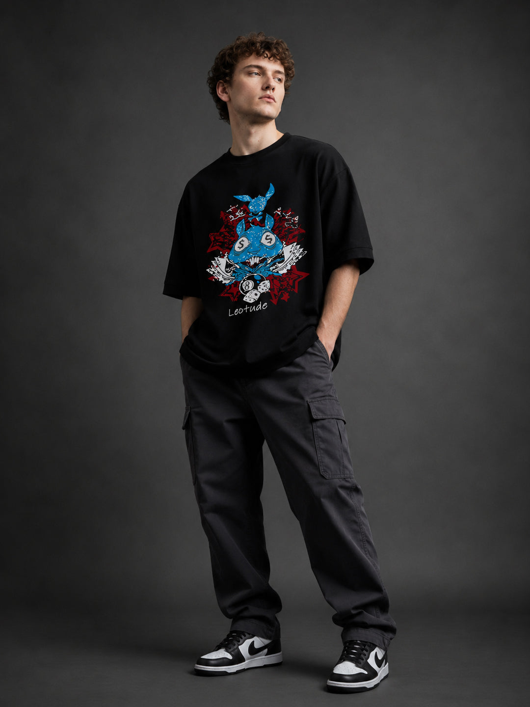 Leotude Men's "Lucky Rabbit" Printed Oversized T-Shirt — Black Streetwear Tee