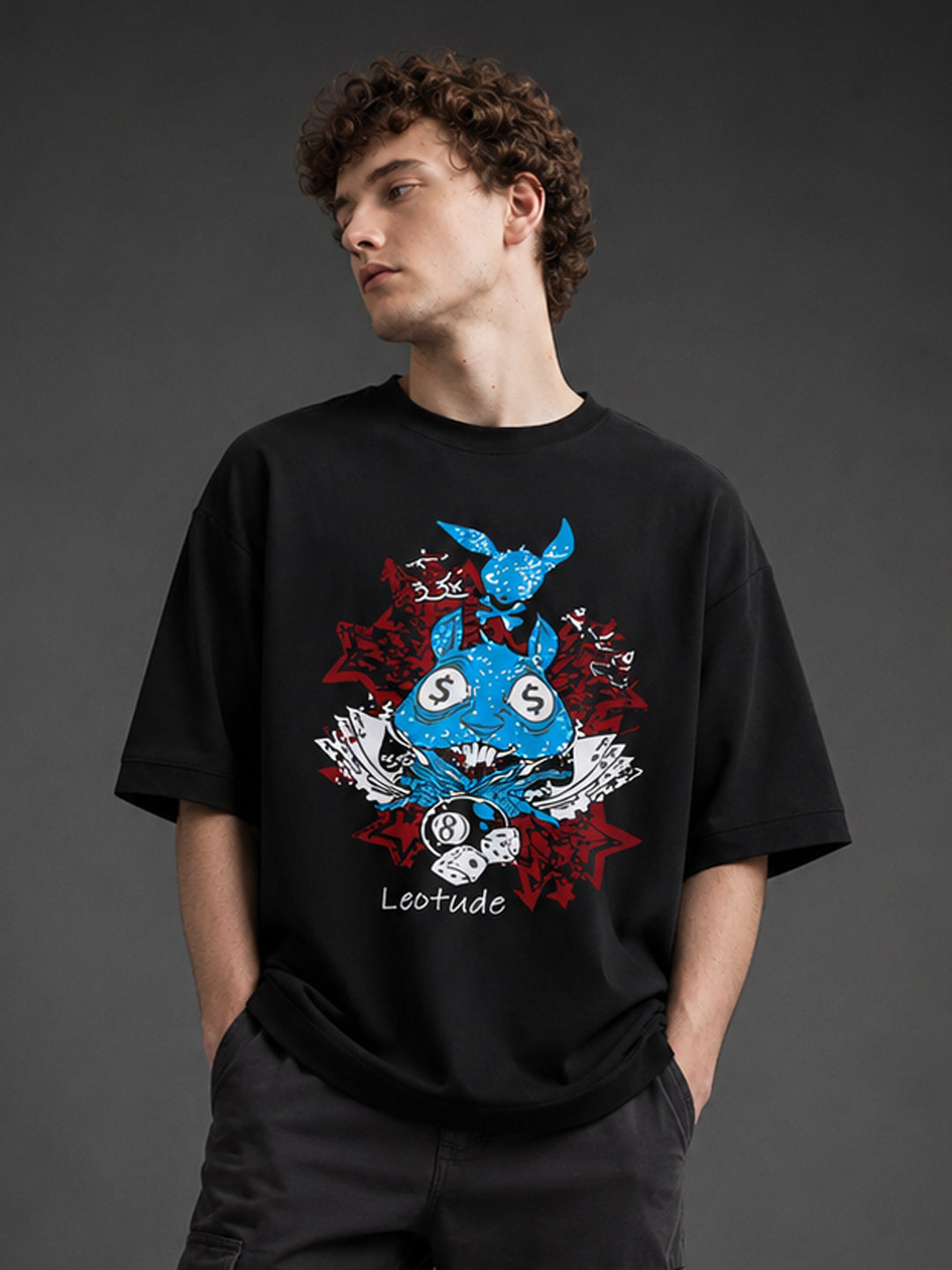 Leotude Men's "Lucky Rabbit" Printed Oversized T-Shirt — Black Streetwear Tee