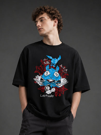 Leotude Men's "Lucky Rabbit" Printed Oversized T-Shirt — Black Streetwear Tee