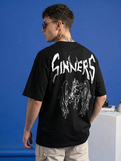Leotude Men's "Sinners" Back Print Oversized T-Shirt — Black Streetwear Tee