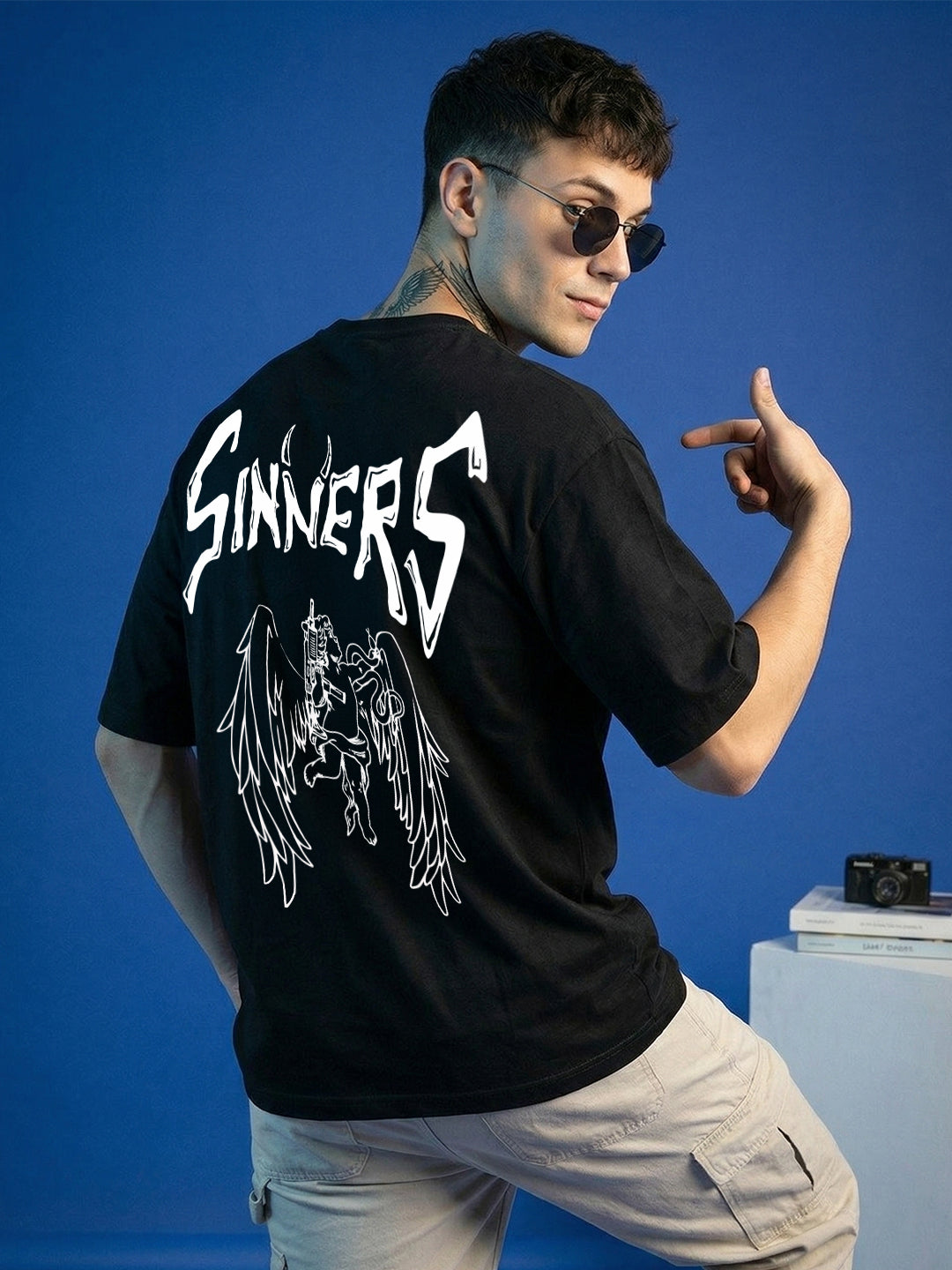 Leotude Men's "Sinners" Back Print Oversized T-Shirt — Black Streetwear Tee