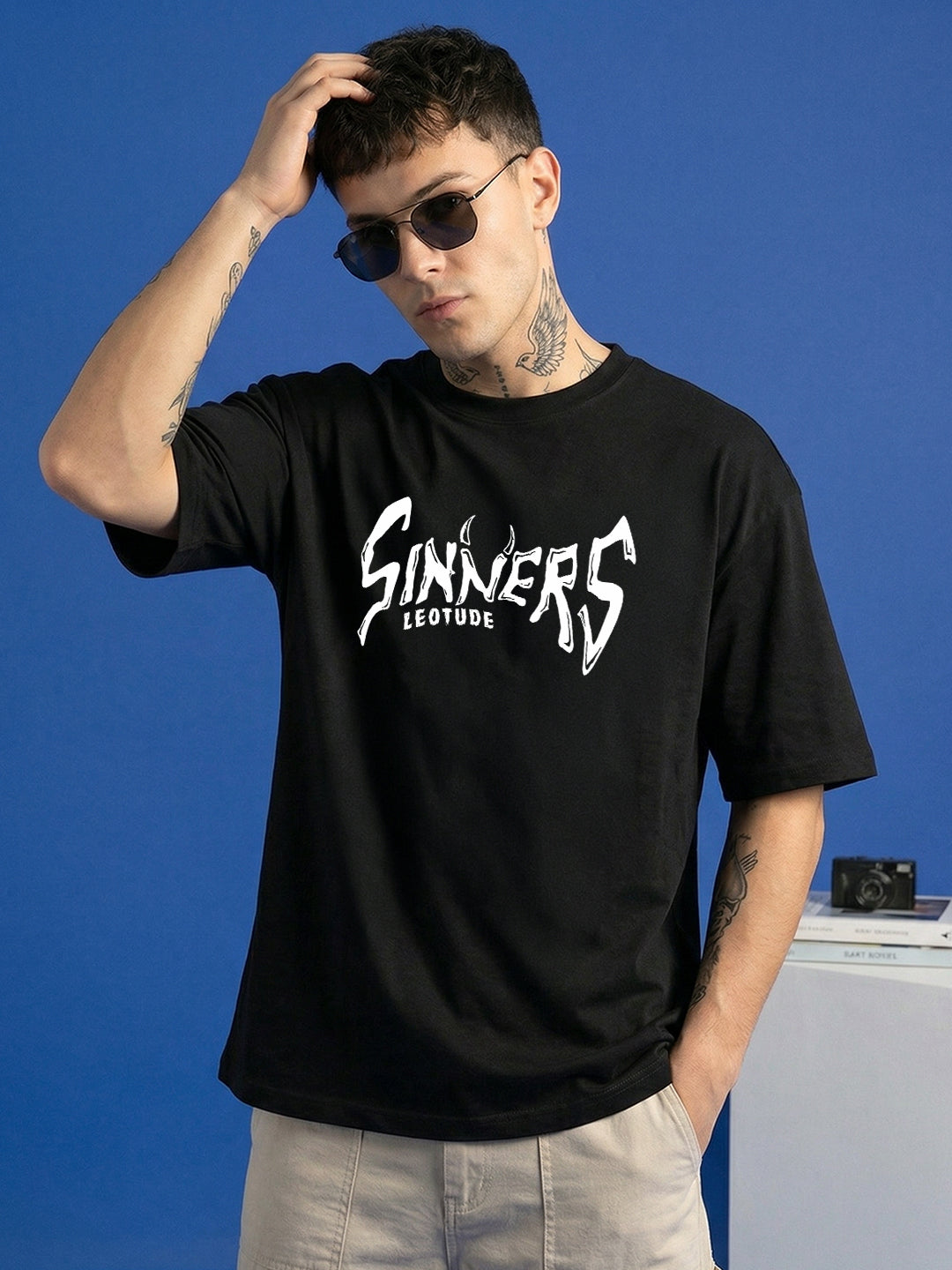 Leotude Men's "Sinners" Back Print Oversized T-Shirt — Black Streetwear Tee