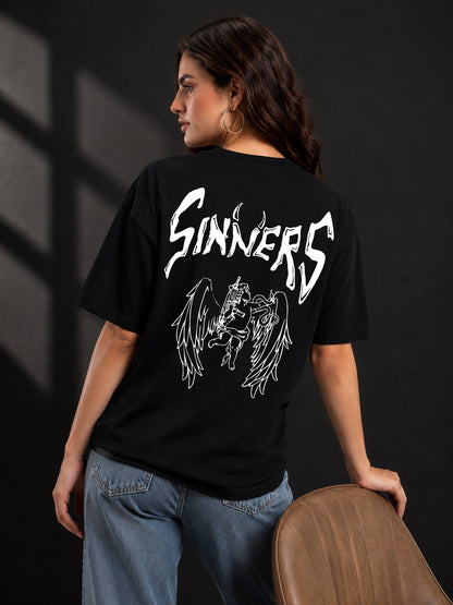 Leotude Black Sinners Printed Oversized Tshirt for Women