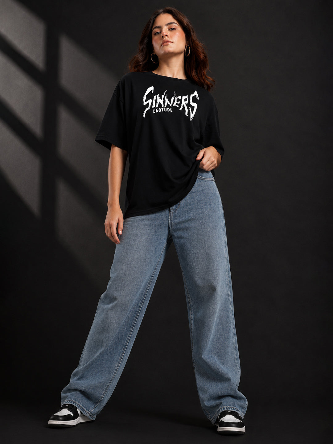 Leotude Black Sinners Printed Oversized Tshirt for Women
