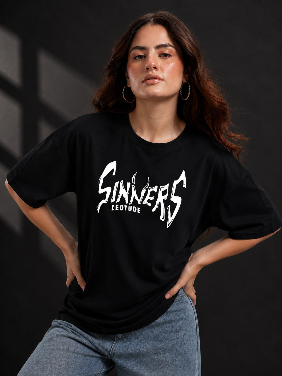 Leotude Black Sinners Printed Oversized Tshirt for Women