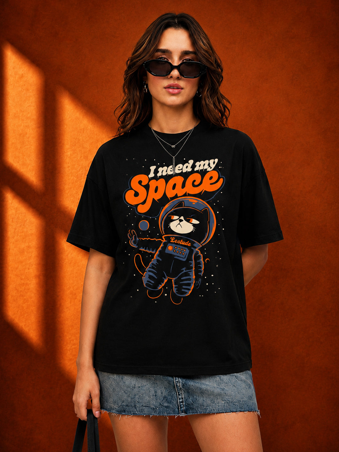 Leotude Black Space Printed Oversized Tshirt for Women