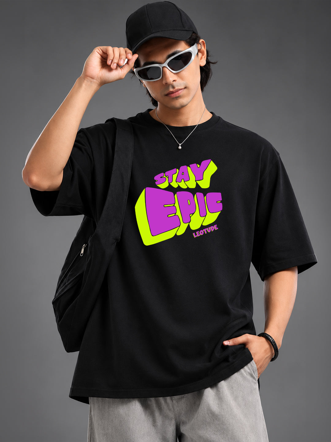 Leotude Black Stay Epic Printed Oversized Tshirt for Men