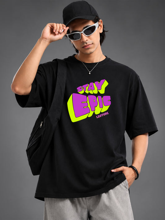 Leotude Black Stay Epic Printed Oversized Tshirt for Men