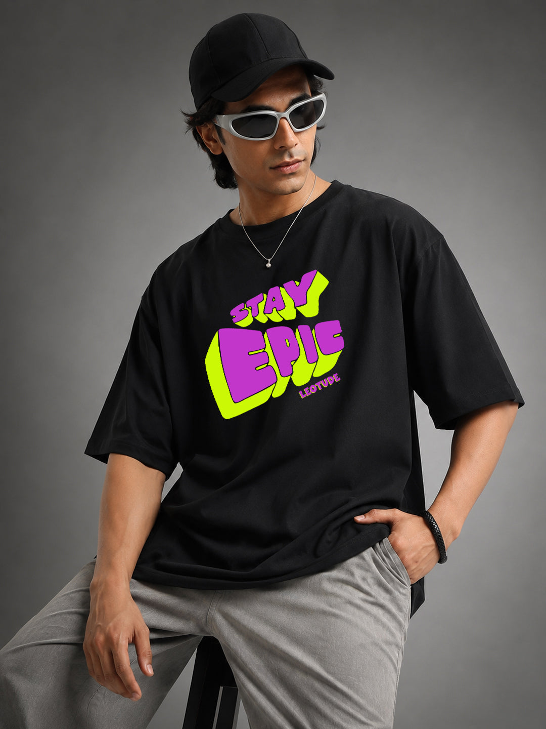 Leotude Black Stay Epic Printed Oversized Tshirt for Men