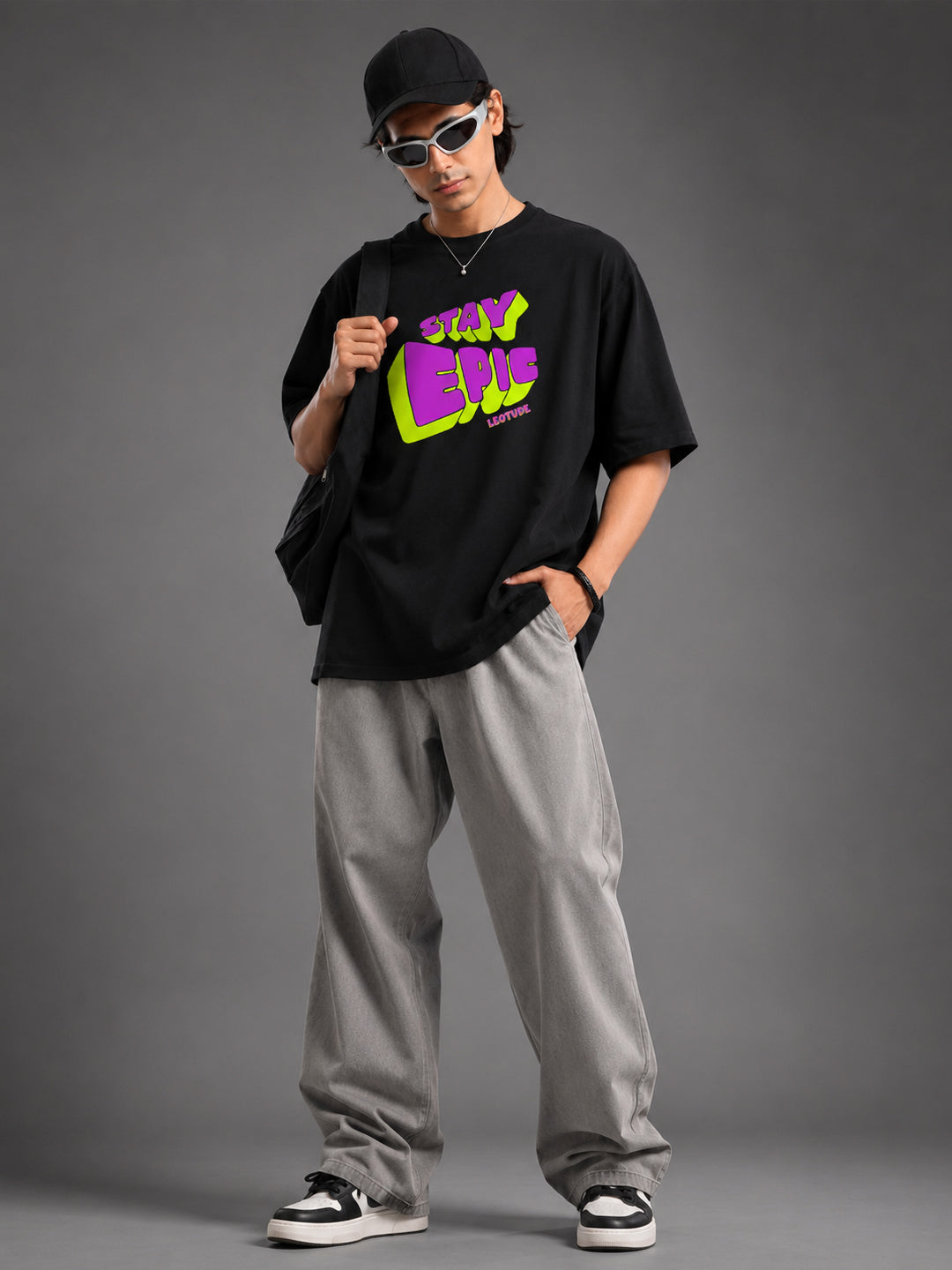 Leotude Black Stay Epic Printed Oversized Tshirt for Men