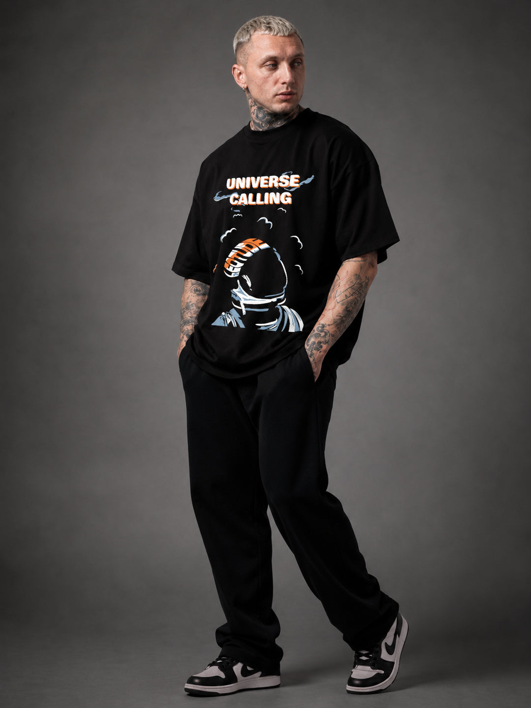 Leotude Men's "Universe Calling" Printed Oversized T-Shirt — Black Streetwear Tee