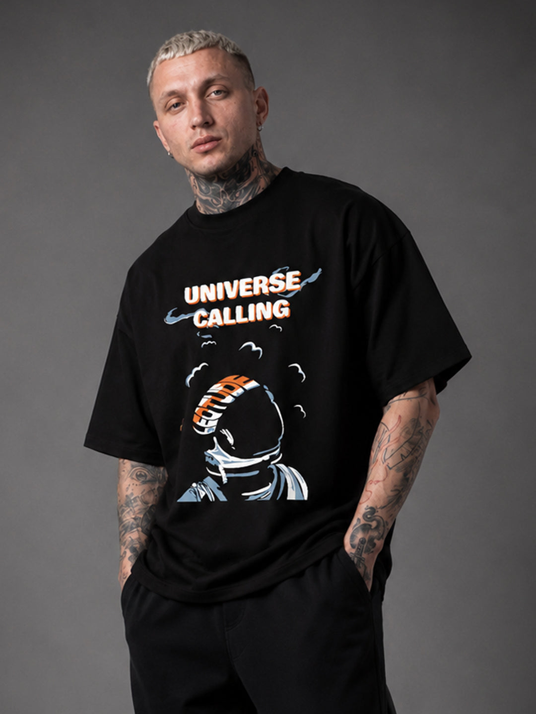Leotude Men's "Universe Calling" Printed Oversized T-Shirt — Black Streetwear Tee