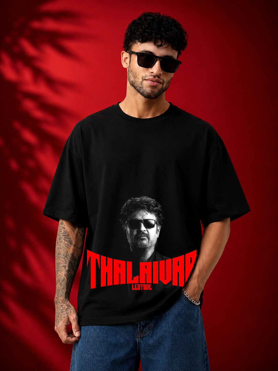 Leotude Men's Thalaiva Graphic Black Oversized T-Shirt