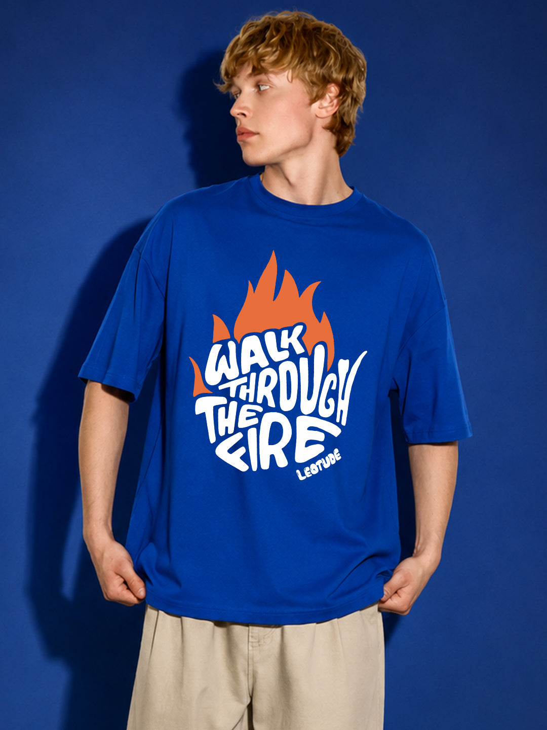 Leotude Men's "Walk Through The Fire" Printed Oversized T-Shirt — Royal Blue Streetwear Tee