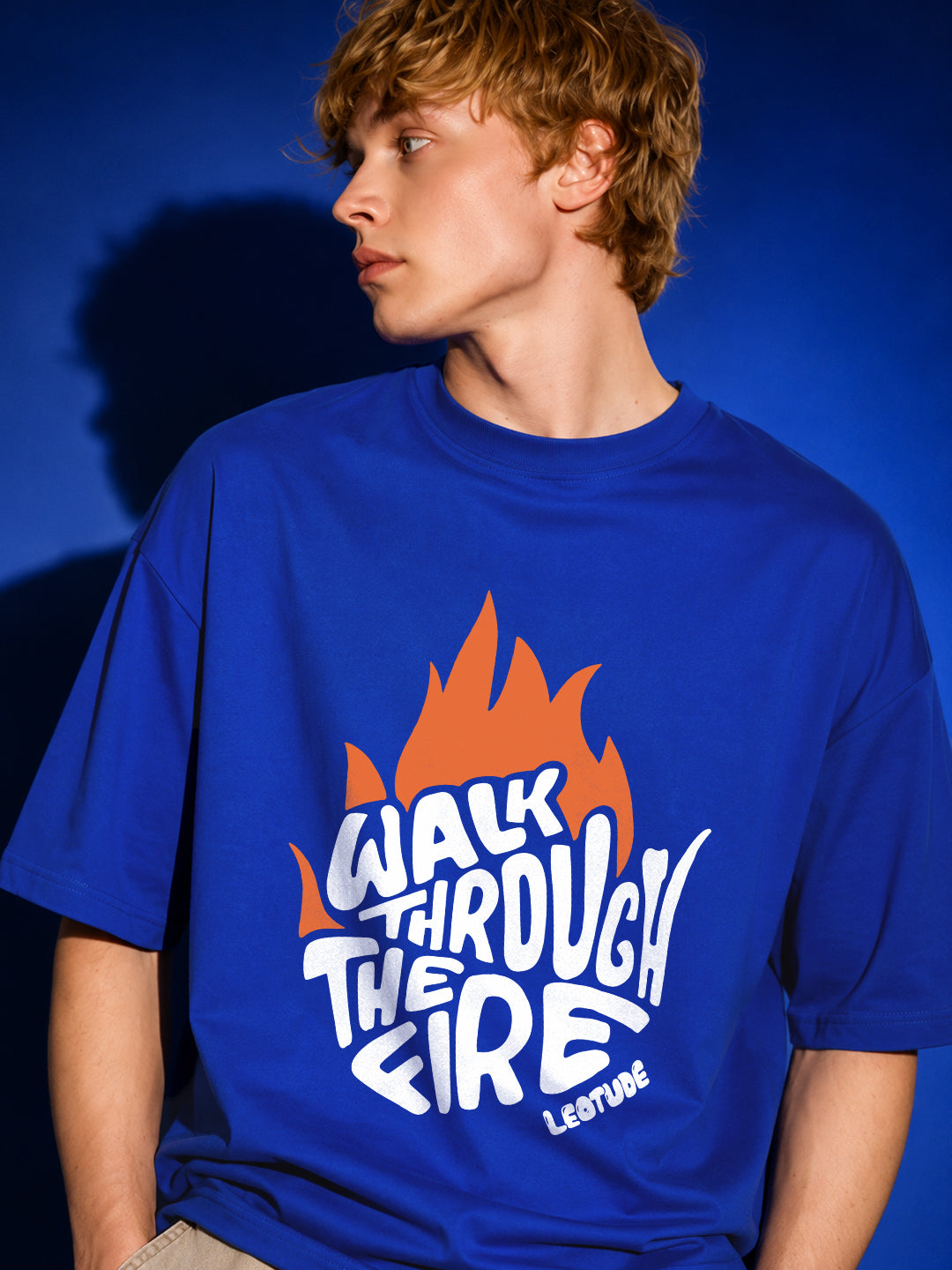Leotude Men's "Walk Through The Fire" Printed Oversized T-Shirt — Royal Blue Streetwear Tee