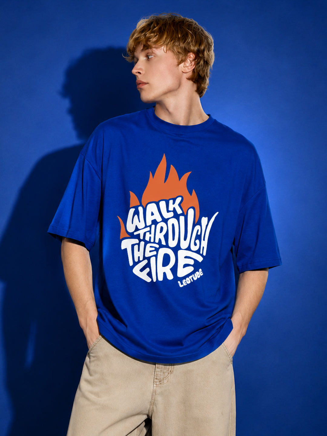Leotude Men's "Walk Through The Fire" Printed Oversized T-Shirt — Royal Blue Streetwear Tee