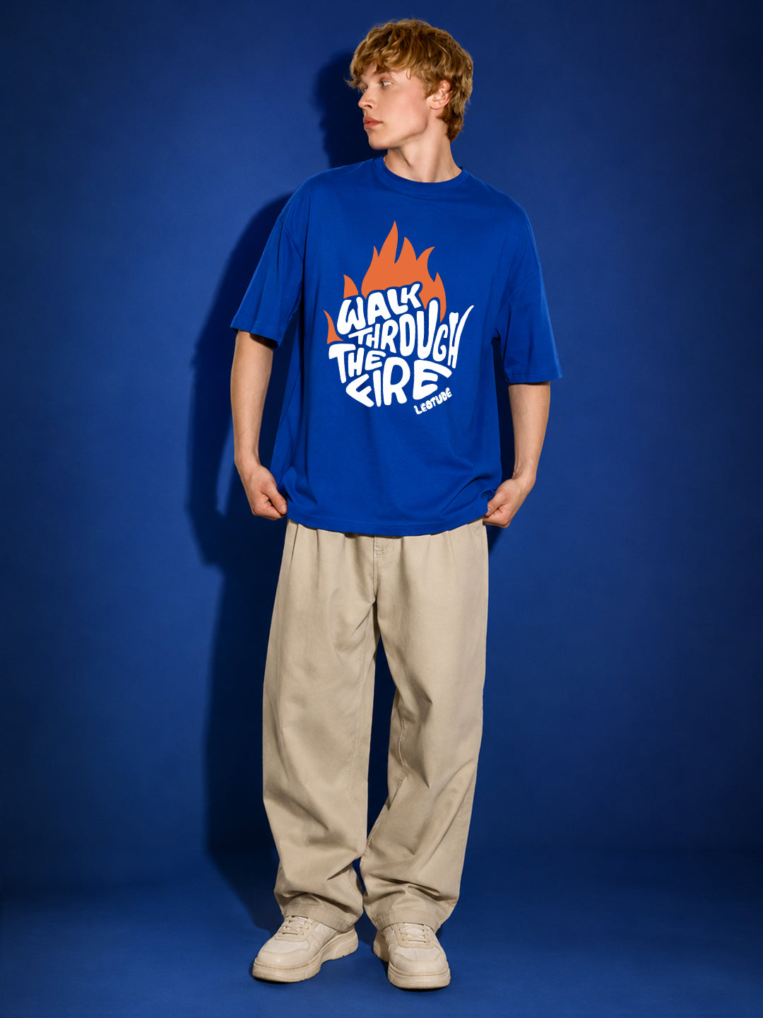 Leotude Men's "Walk Through The Fire" Printed Oversized T-Shirt — Royal Blue Streetwear Tee