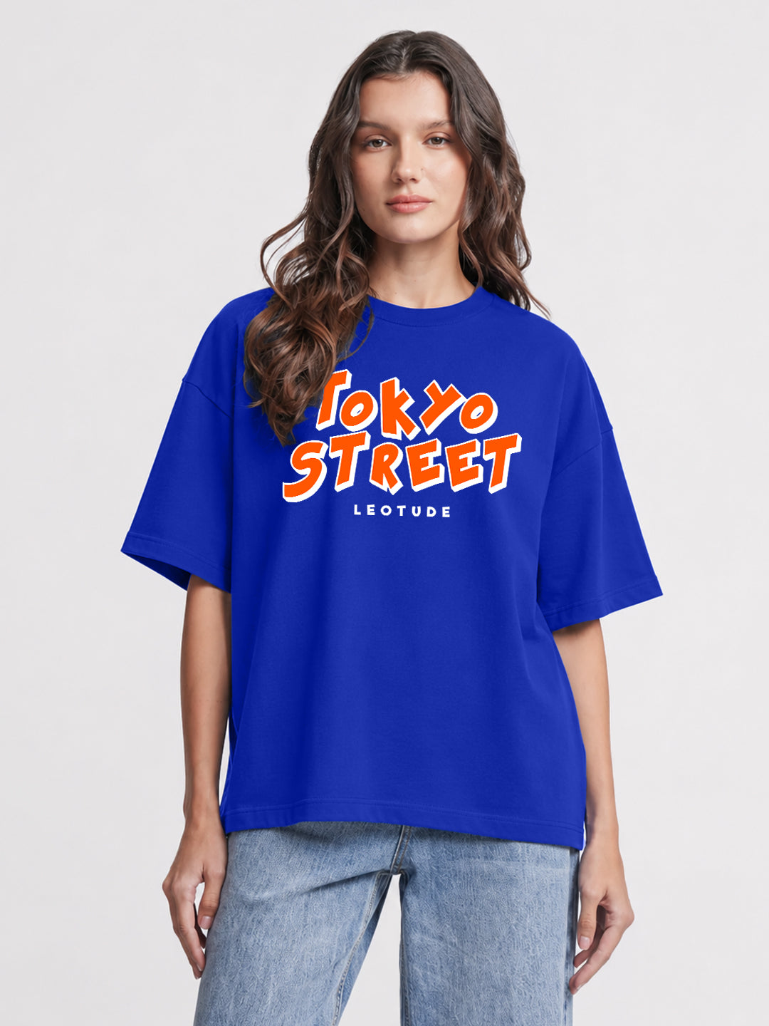 Leotude Women "Tokyo Street" Printed Oversized T-Shirt — Royal Blue Graphic Tee