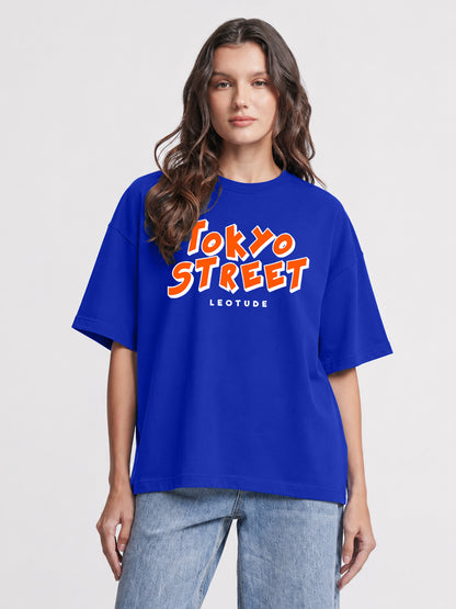 Leotude Women "Tokyo Street" Printed Oversized T-Shirt — Royal Blue Graphic Tee