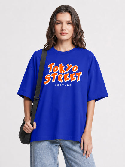 Leotude Women "Tokyo Street" Printed Oversized T-Shirt — Royal Blue Graphic Tee