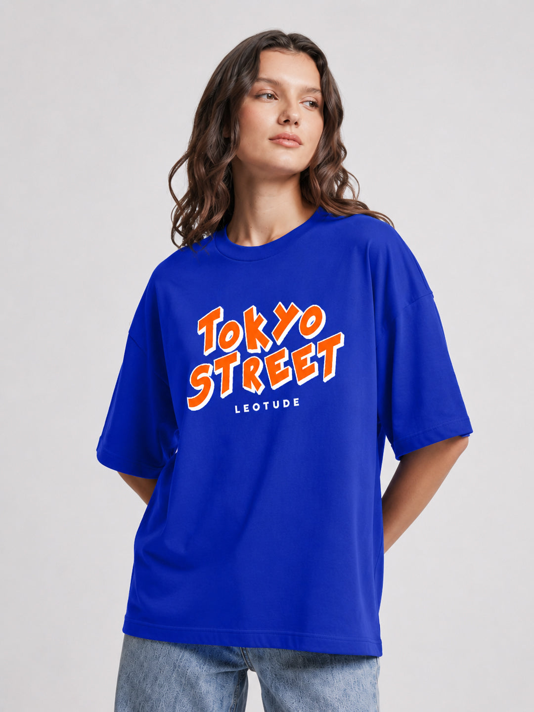 Leotude Women "Tokyo Street" Printed Oversized T-Shirt — Royal Blue Graphic Tee