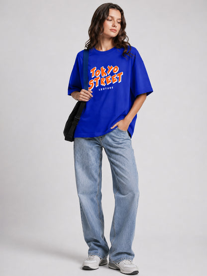 Leotude Women "Tokyo Street" Printed Oversized T-Shirt — Royal Blue Graphic Tee