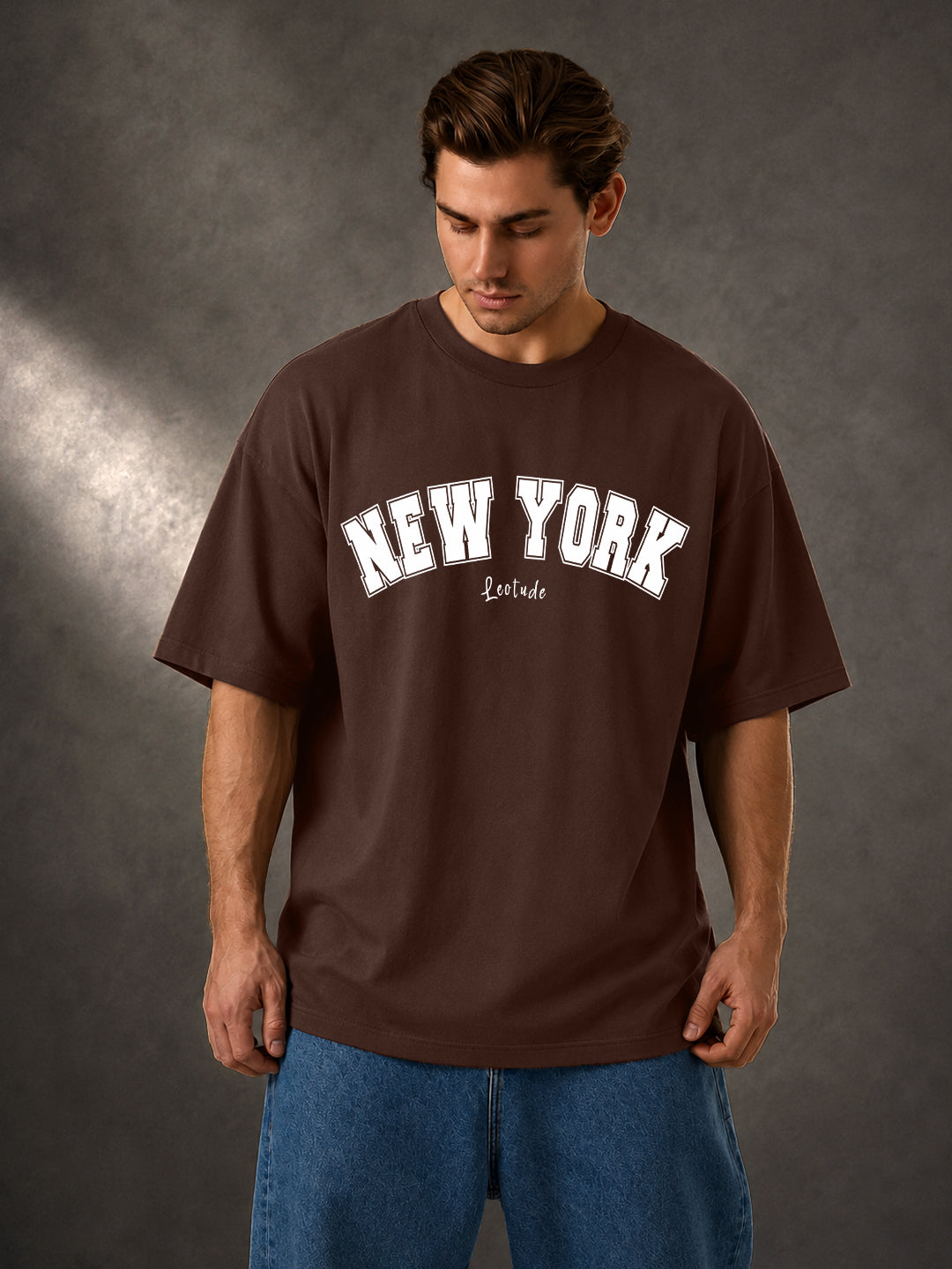 Leotude Men's "New York" Printed Oversized T-Shirt — Brown Streetwear Tee