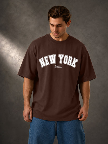 Leotude Men's "New York" Printed Oversized T-Shirt — Brown Streetwear Tee