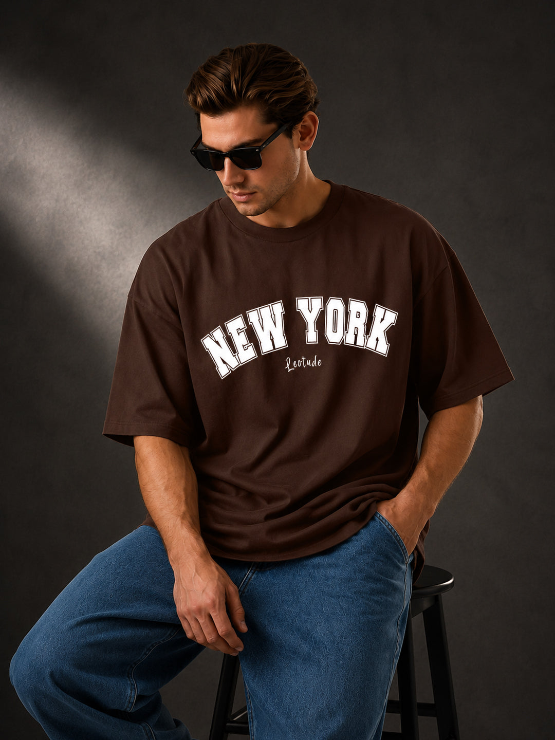 Leotude Men's "New York" Printed Oversized T-Shirt — Brown Streetwear Tee