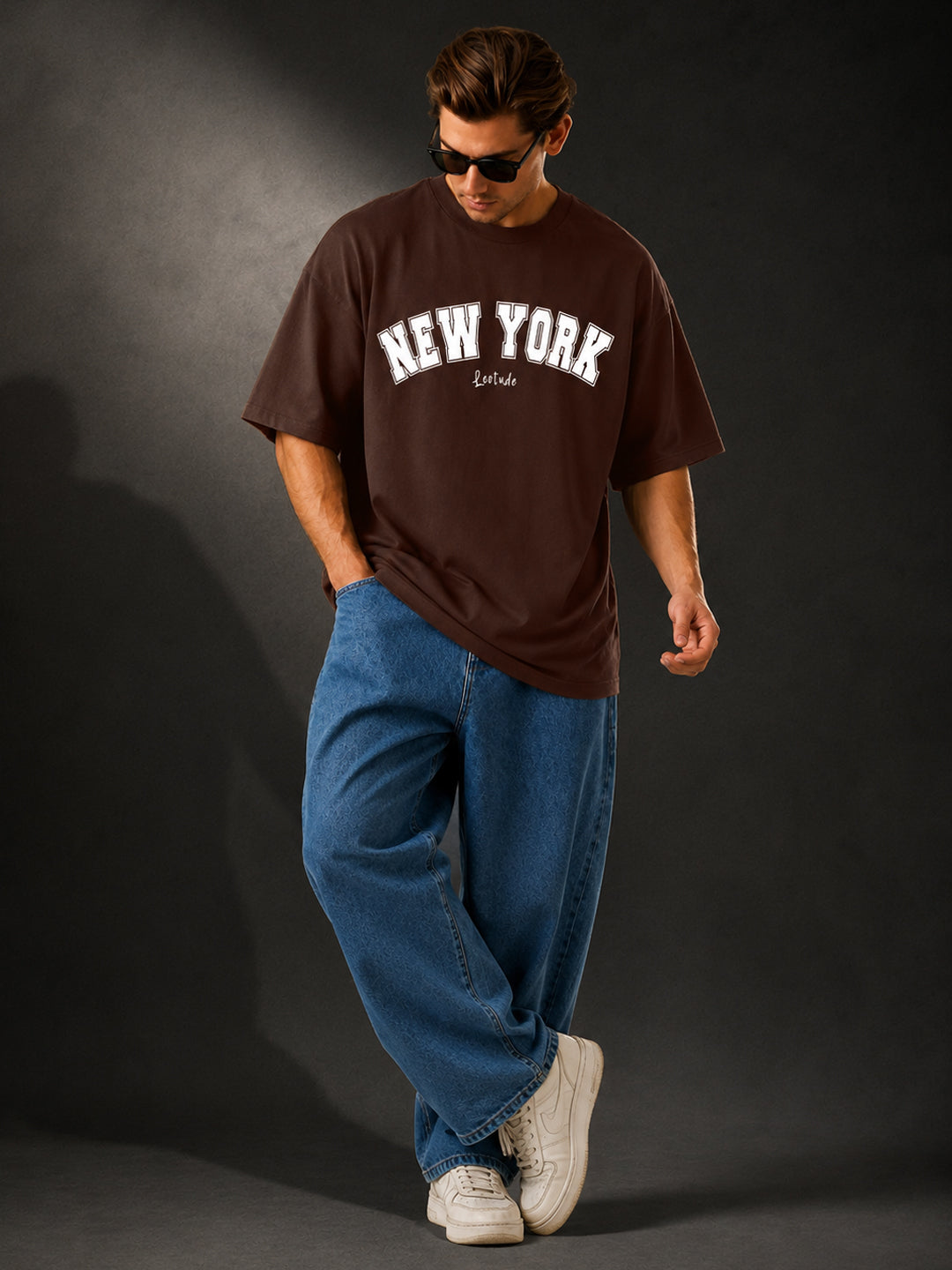 Leotude Men's "New York" Printed Oversized T-Shirt — Brown Streetwear Tee