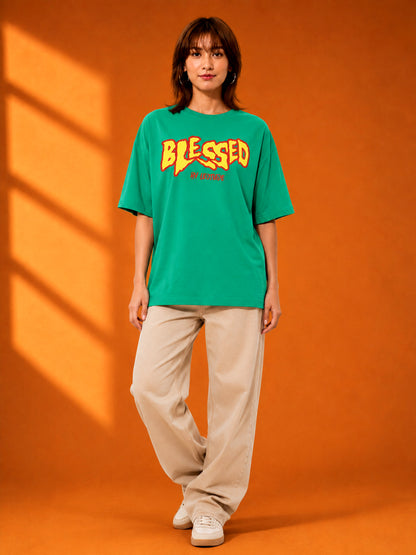 Leotude Rama Green Blessed Printed Oversized Tshirt for Women