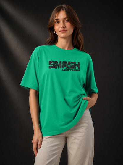 Leotude Rama Green Smash Printed Oversized Tshirt for Women