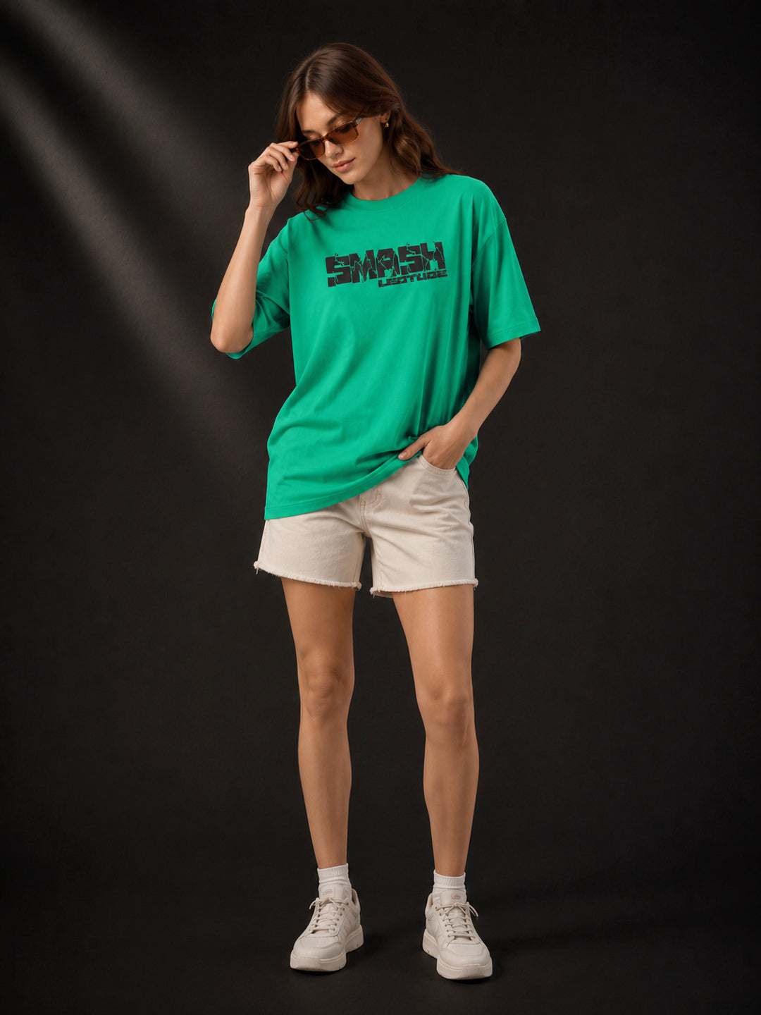 Leotude Rama Green Smash Printed Oversized Tshirt for Women