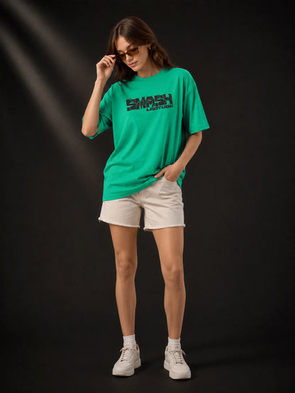 Leotude Rama Green Smash Printed Oversized Tshirt for Women