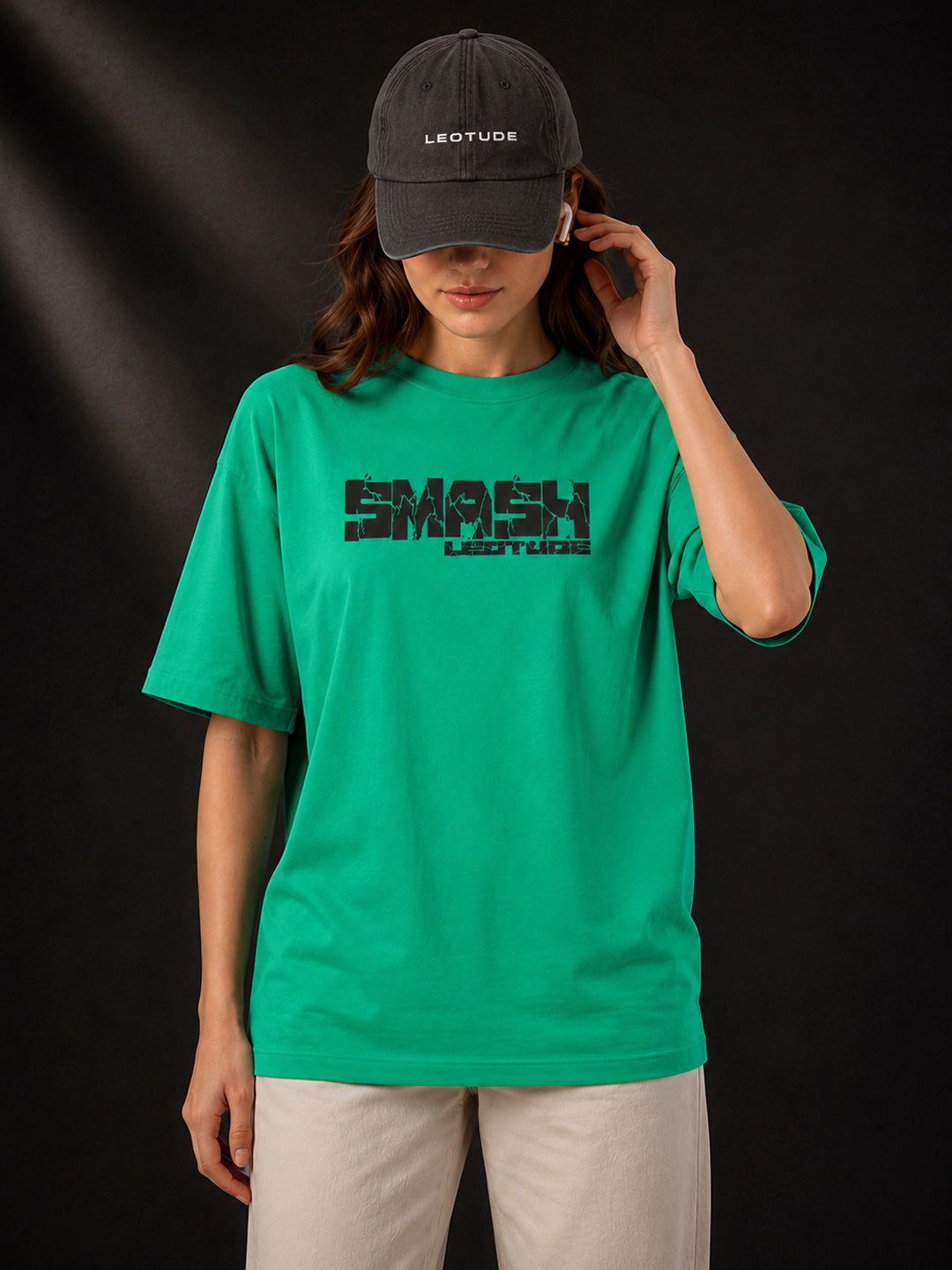Leotude Rama Green Smash Printed Oversized Tshirt for Women