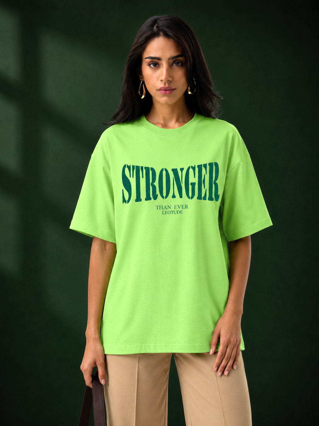 Leotude Neon Green Stronger Printed Oversized Tshirt for Women