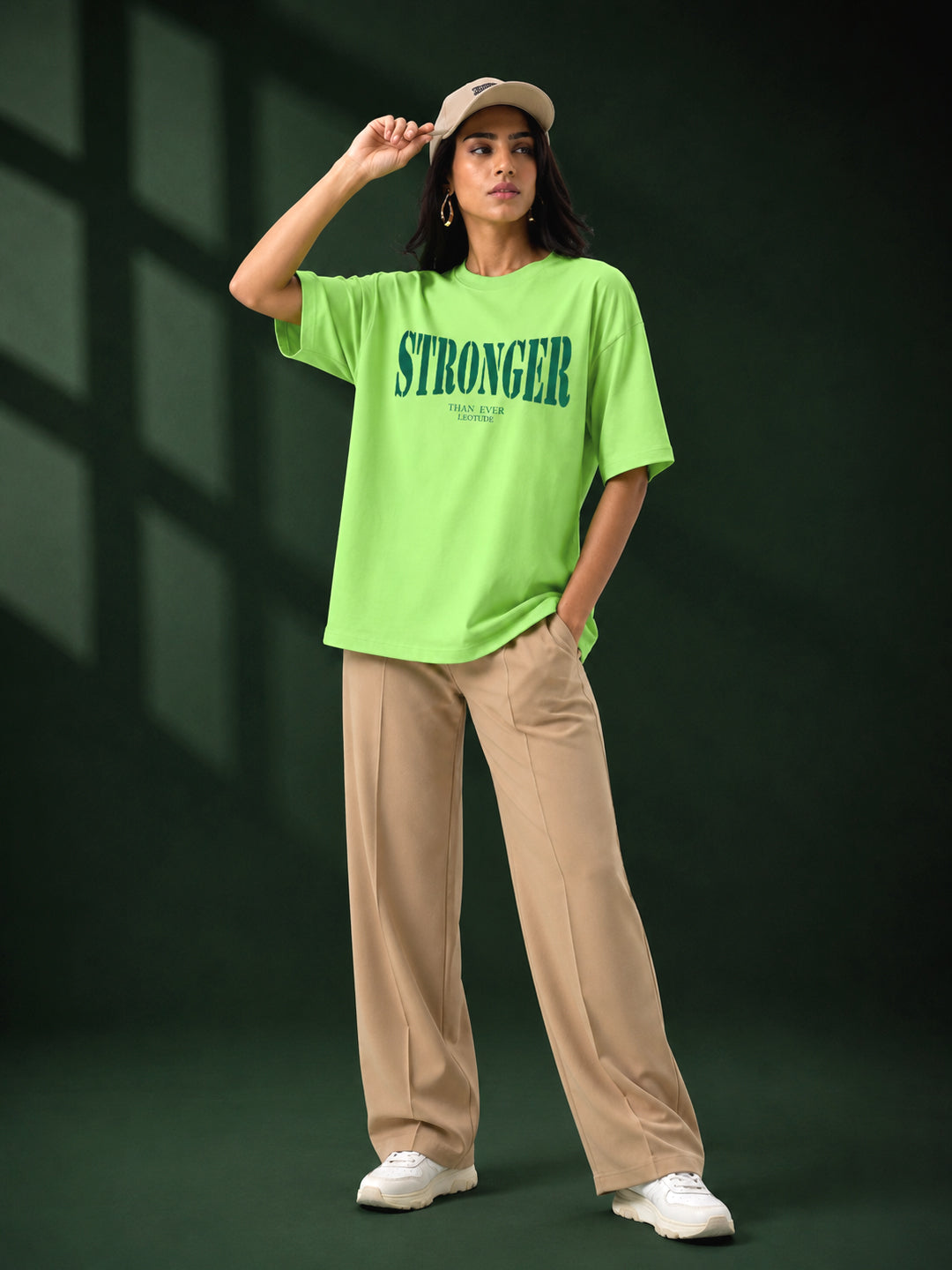 Leotude Neon Green Stronger Printed Oversized Tshirt for Women