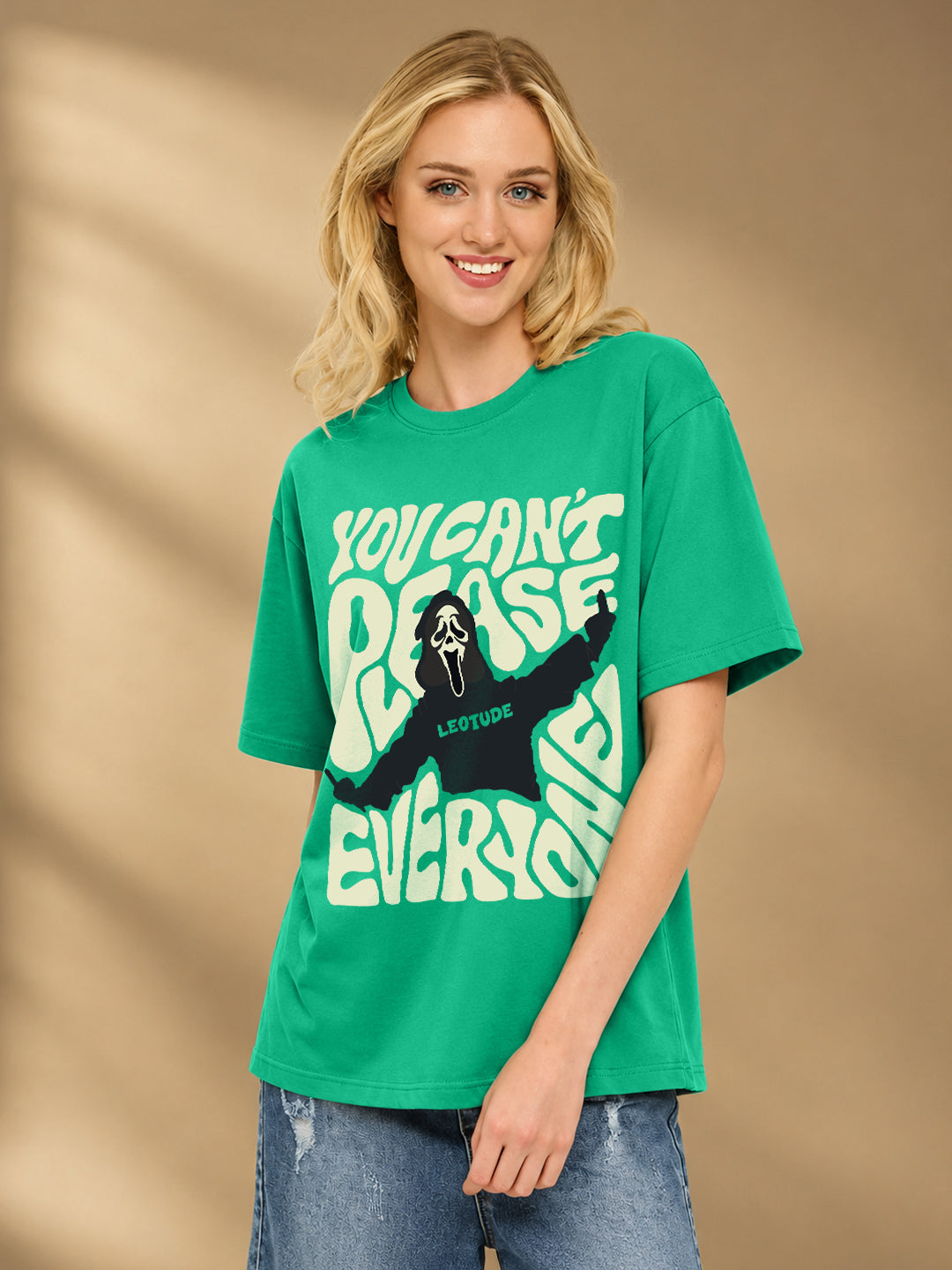 Leotude Rama Green Please Printed Oversized Tshirt for Women
