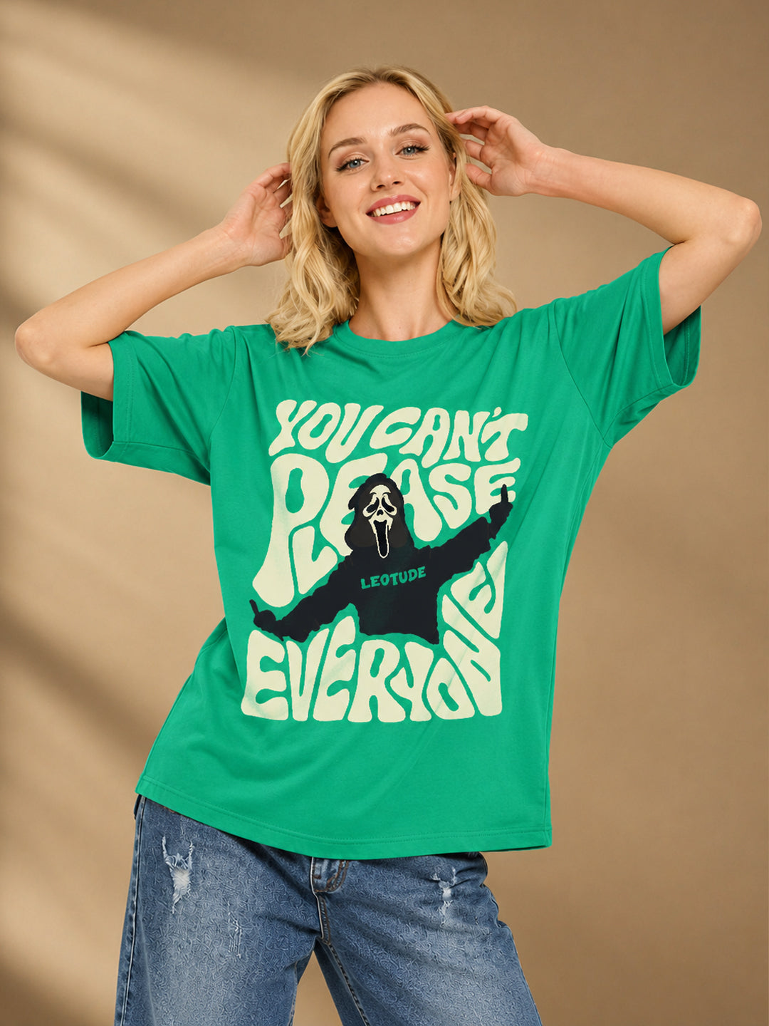 Leotude Rama Green Please Printed Oversized Tshirt for Women