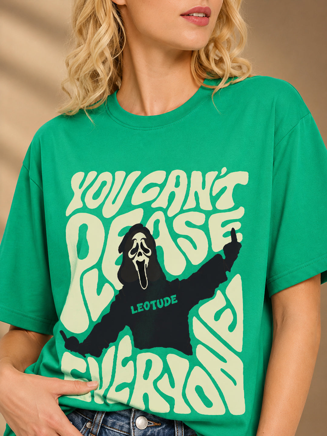 Leotude Rama Green Please Printed Oversized Tshirt for Women