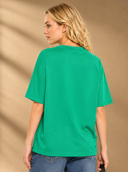 Leotude Rama Green Please Printed Oversized Tshirt for Women