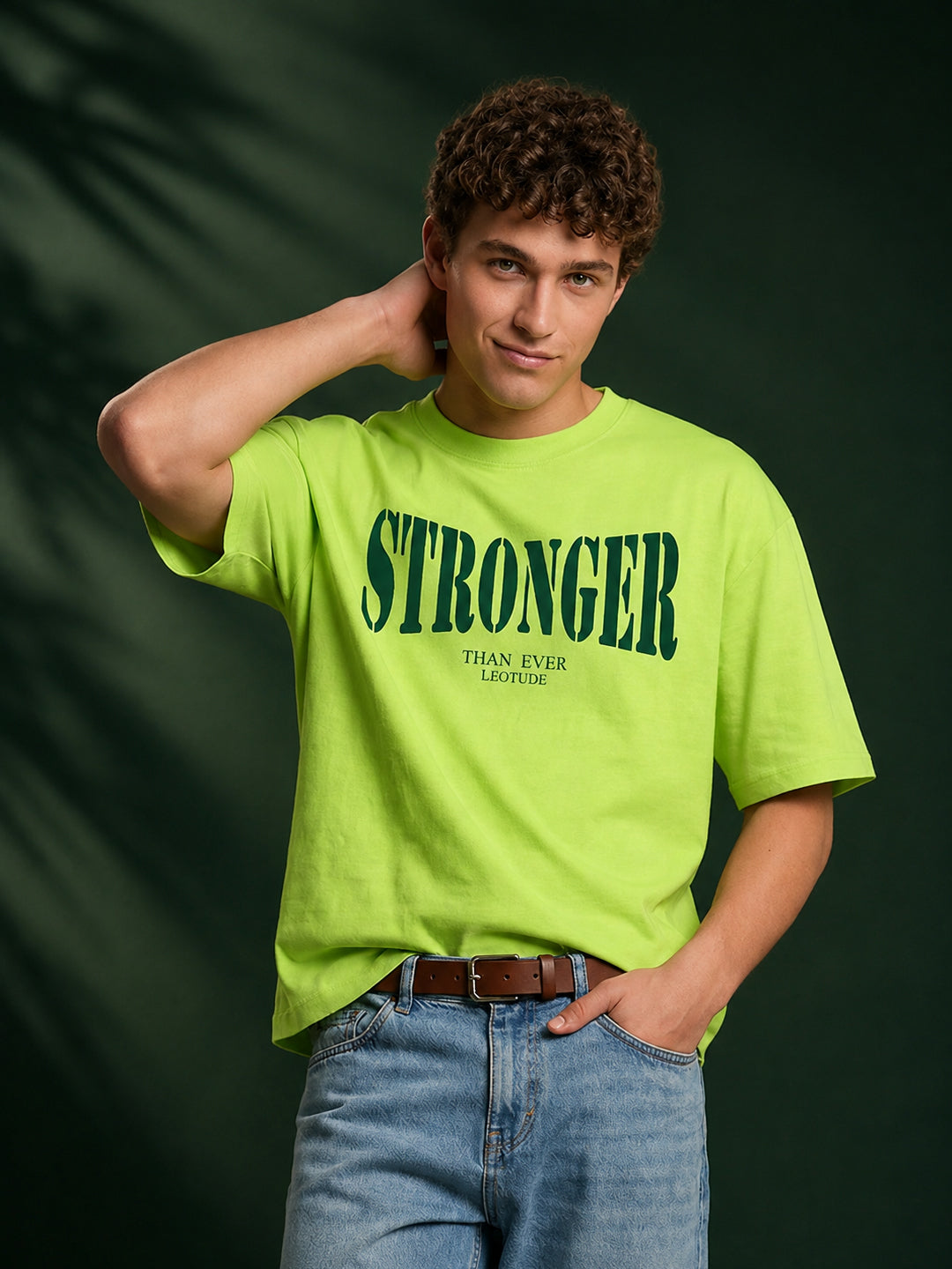 Leotude Men "Stronger Than Ever" Printed Oversized T-Shirt — Neon Streetwear Tee