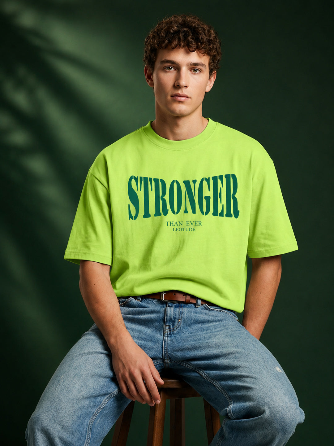 Leotude Men "Stronger Than Ever" Printed Oversized T-Shirt — Neon Streetwear Tee