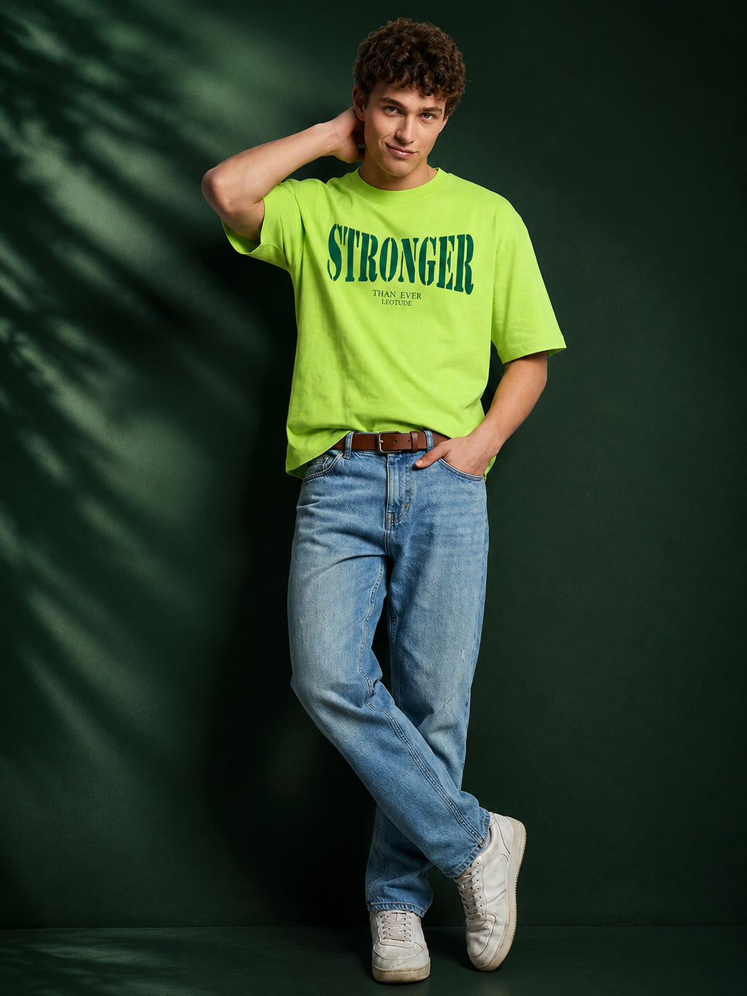 Leotude Men "Stronger Than Ever" Printed Oversized T-Shirt — Neon Streetwear Tee