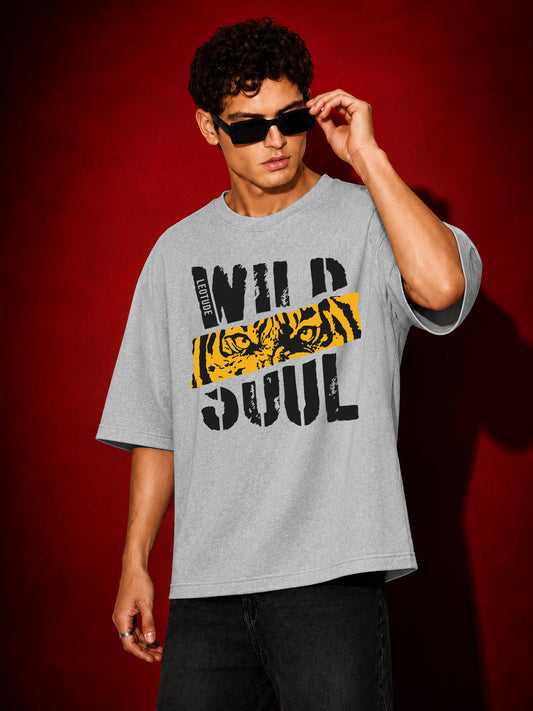 Leotude Men "Wild Soul" Printed Oversized T-Shirt — Grey Melange Streetwear Tee