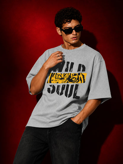 Leotude Men "Wild Soul" Printed Oversized T-Shirt — Grey Melange Streetwear Tee