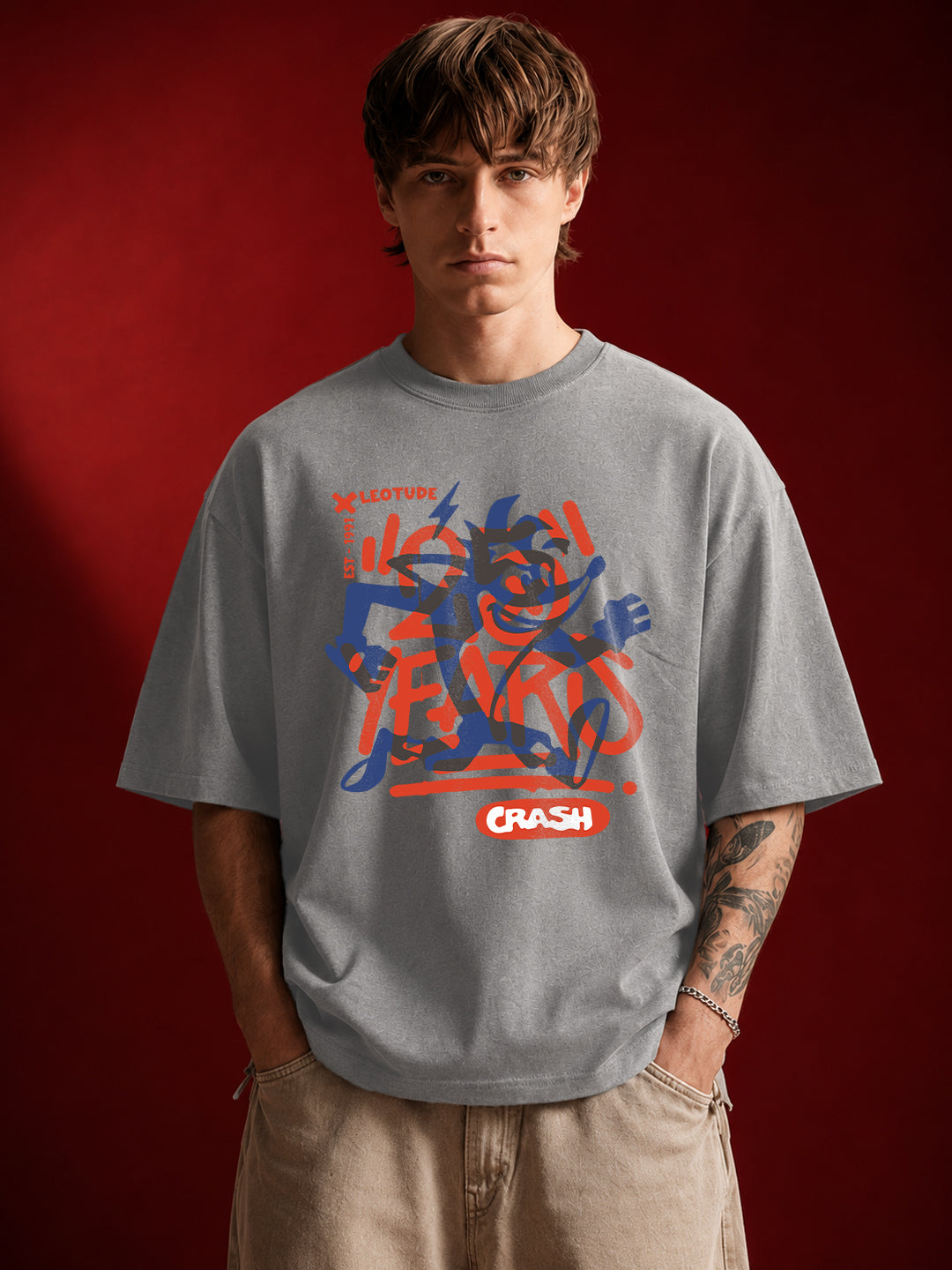 Leotude Men's Crash Graffiti Printed Grey Oversized T-Shirt