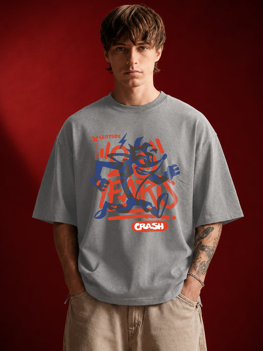 Leotude Men's Crash Graffiti Printed Grey Oversized T-Shirt